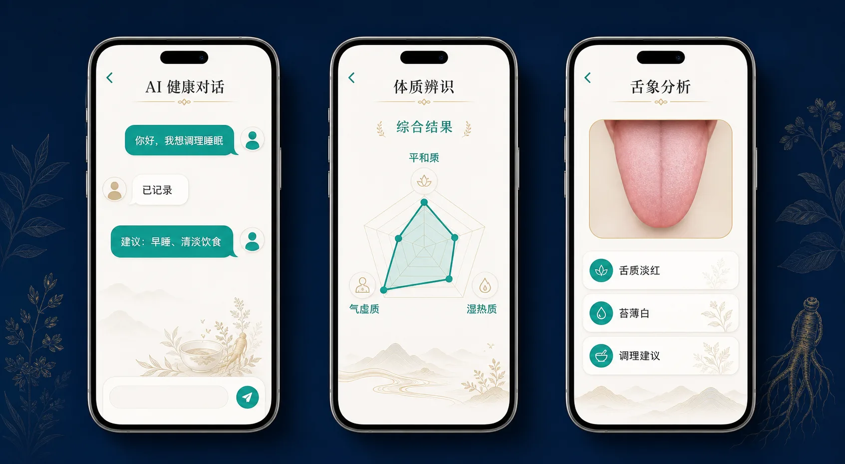 哈喽李时珍小程序界面：AI 健康对话、体质辨识与舌象分析（健康参考）功能示意
